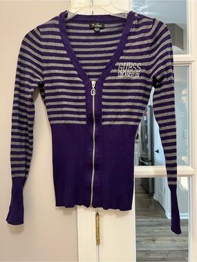 Y2K Guess Purple & Gray Striped V-Neck Zip Sweater